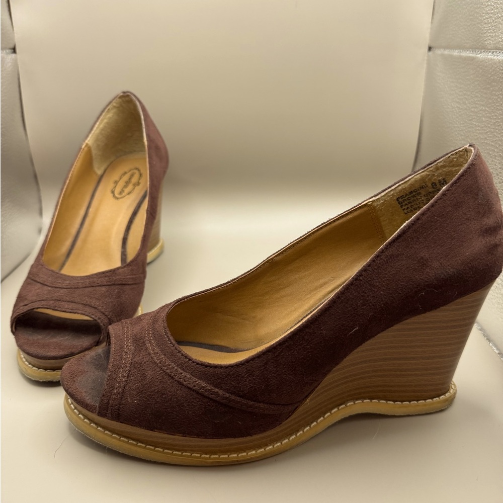 new @titude brand - brown suede wedge peep toe shoes, size 8